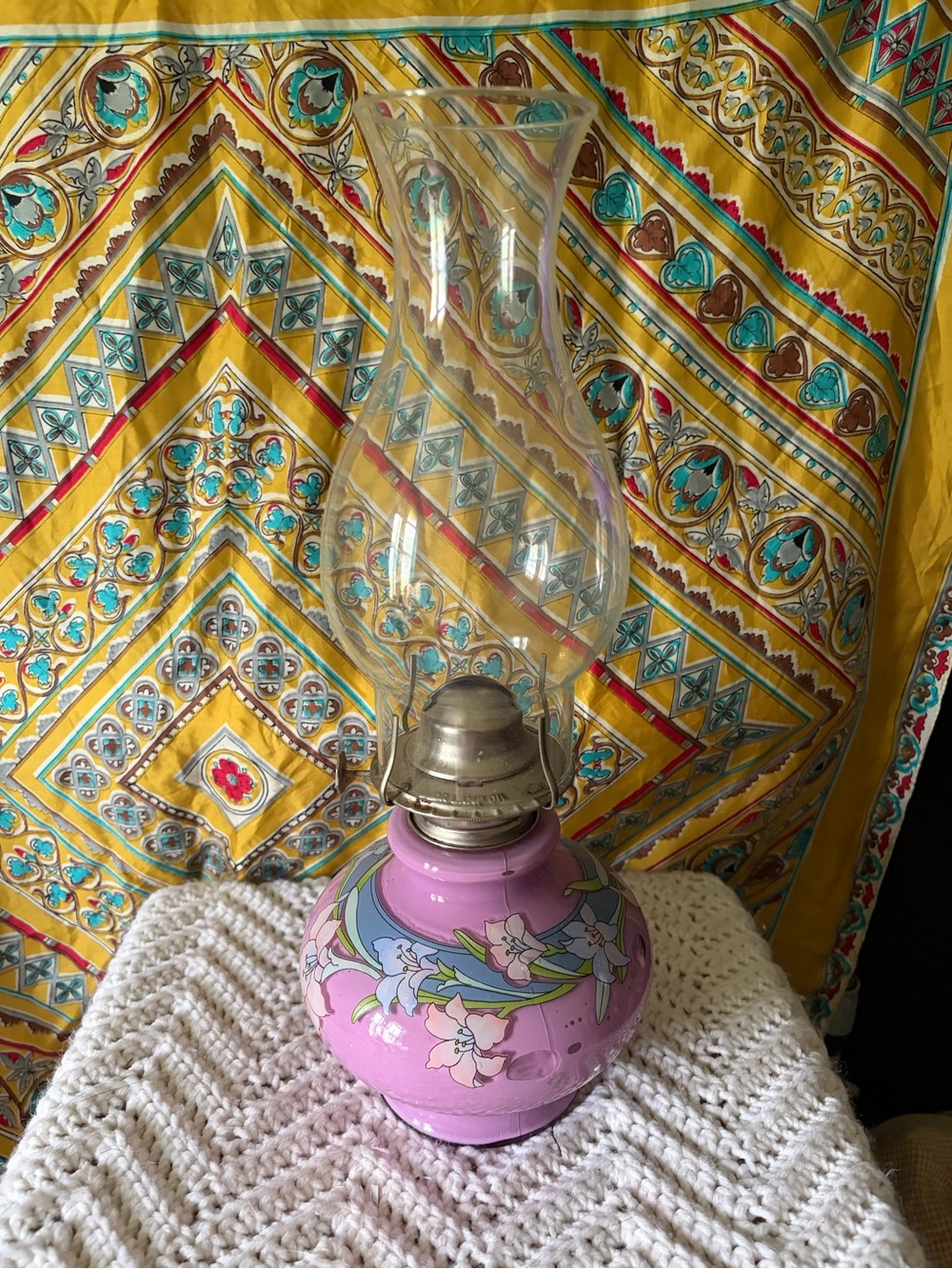 Vintage Kaadan Pink Floral Glass Oil Lamp with Chimney - Home Accent